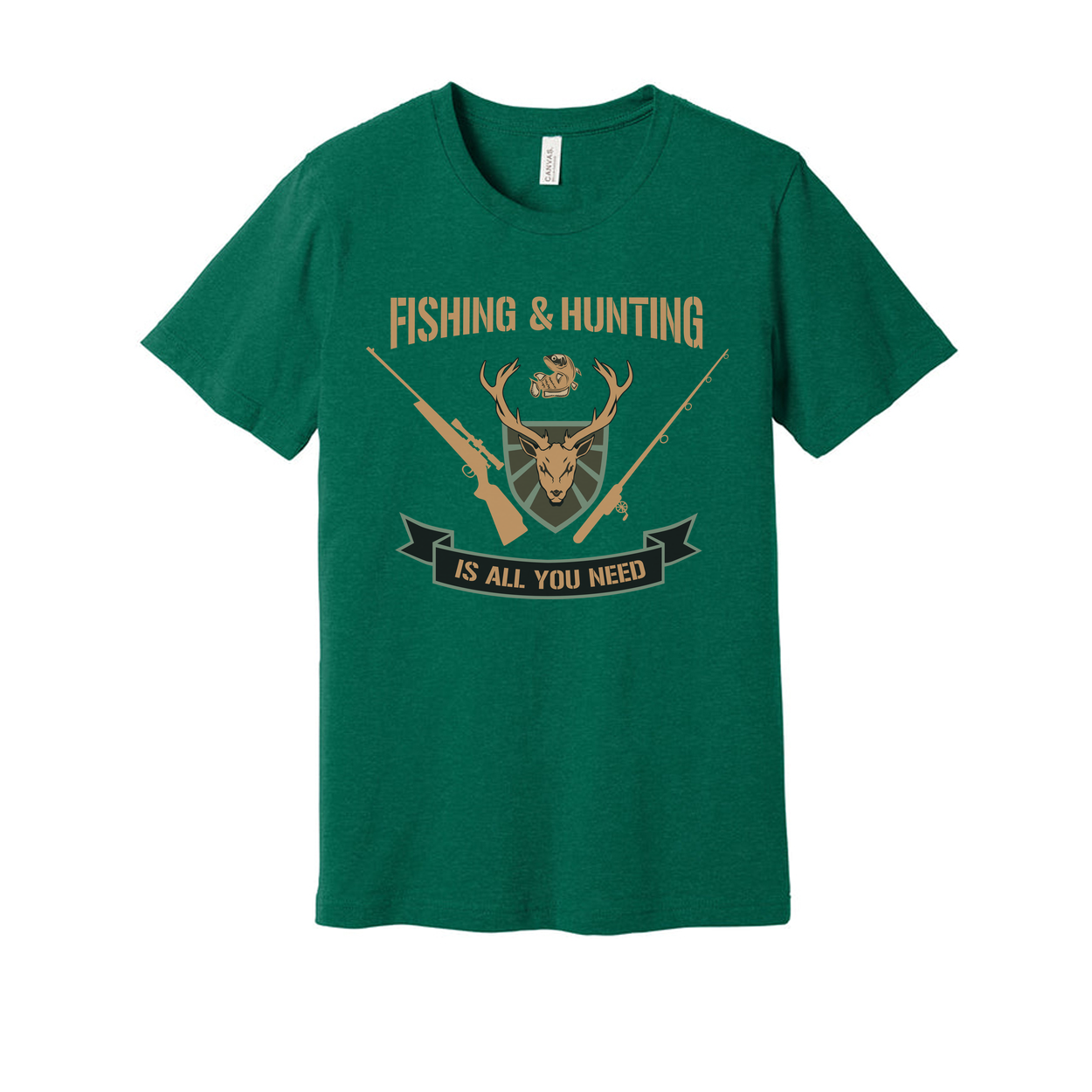 Fishing And Hunting Graphic Tee With Deer Crest Shield And Crossed Rifles For Outdoors Enthusiasts