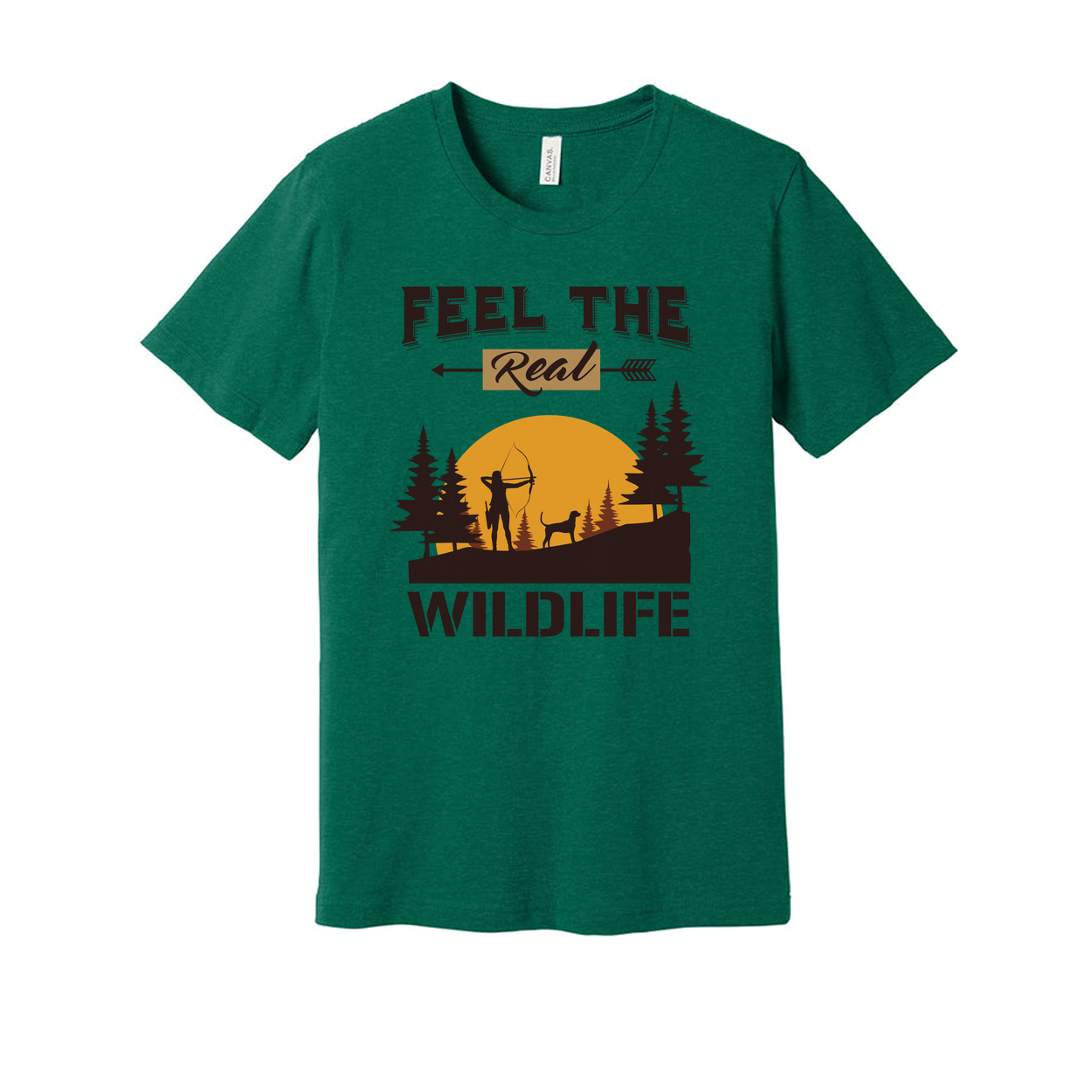 Feel The Real Wildlife Hunting Graphic Tee Unisex Sunset Archer Silhouette With Dog