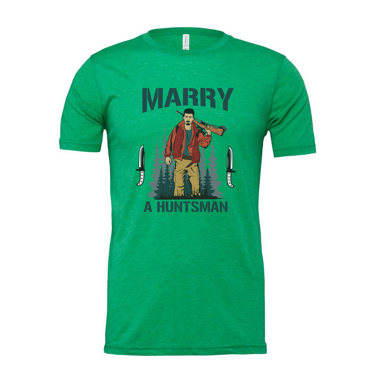 Marry A Huntsman Graphic Tee Unisex Hunting Themed Shirt With Forest Backdrop And Knife Motifs
