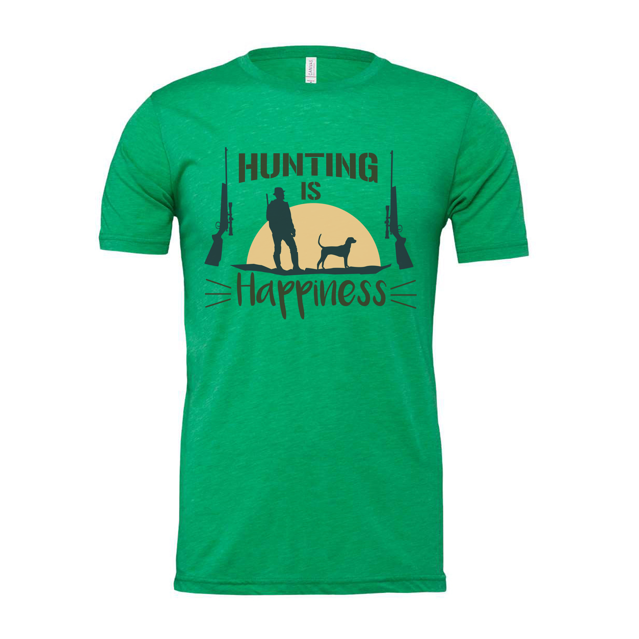 Hunting Is Happiness Unisex Graphic Tee With Hunter Silhouette, Dog, And Sunset Design
