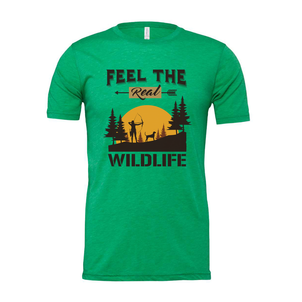 Feel The Real Wildlife Hunting Graphic Tee Unisex Sunset Archer Silhouette With Dog