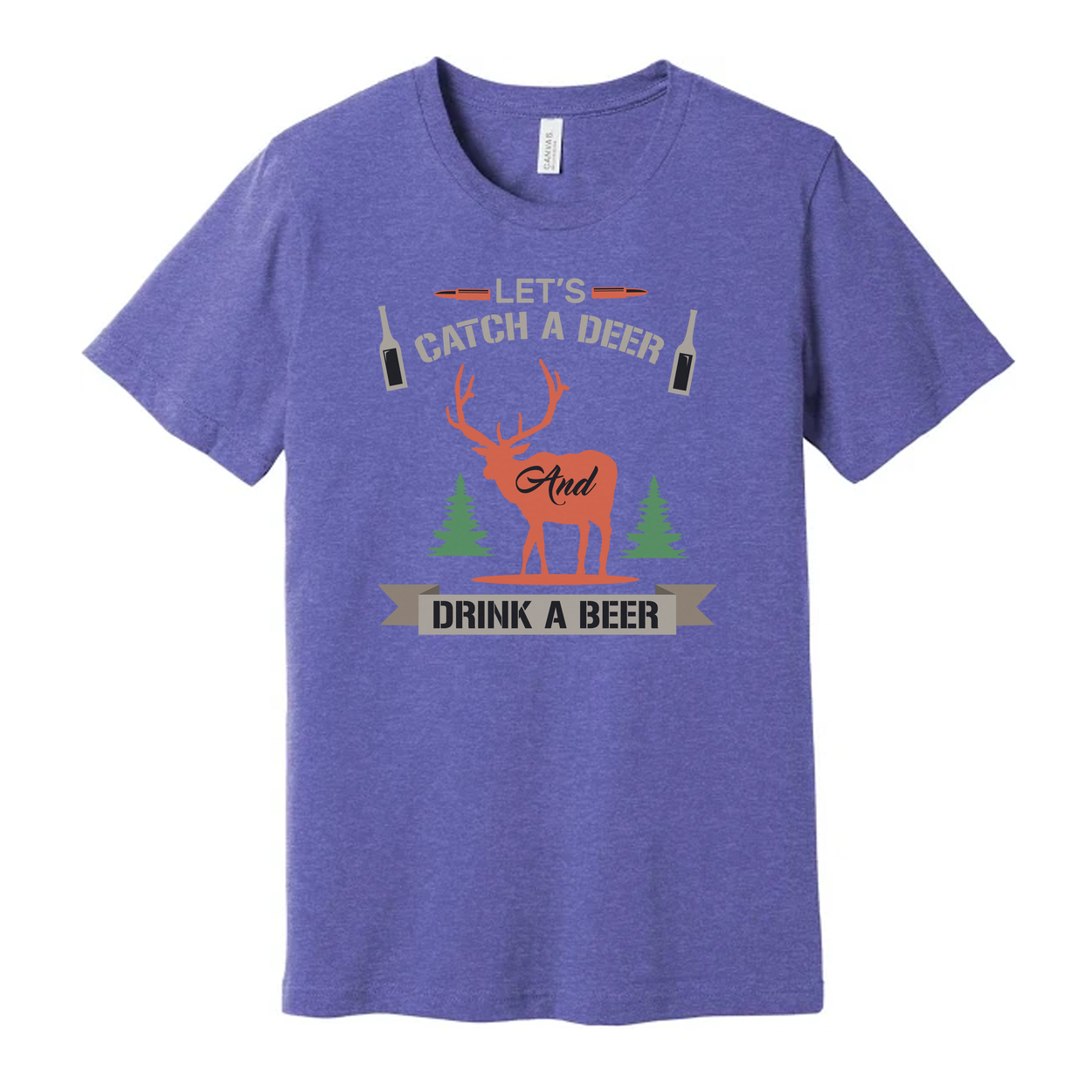Hunting Themed Unisex T Shirt With Deer Silhouette Trees And Beer Banner Graphic