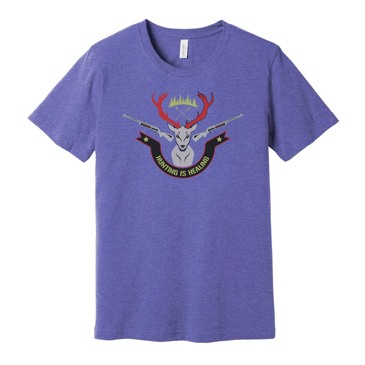 Unisex Hunting Graphic Tee With Deer Crest And Crossed Rifles Reading Hunting Is Healing