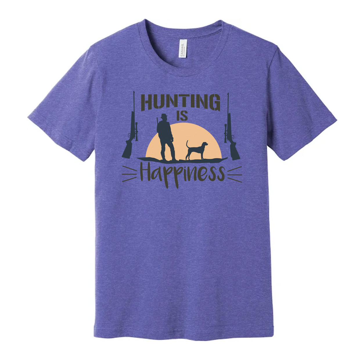 Hunting Is Happiness Unisex Graphic Tee With Hunter Silhouette, Dog, And Sunset Design