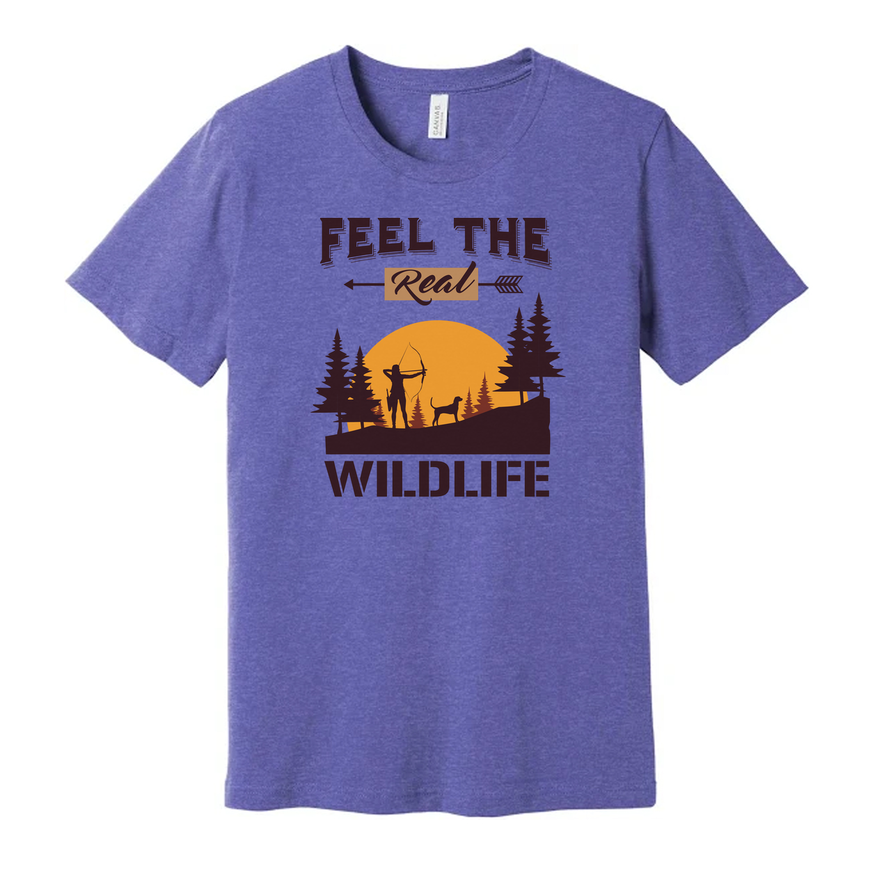 Feel The Real Wildlife Hunting Graphic Tee Unisex Sunset Archer Silhouette With Dog