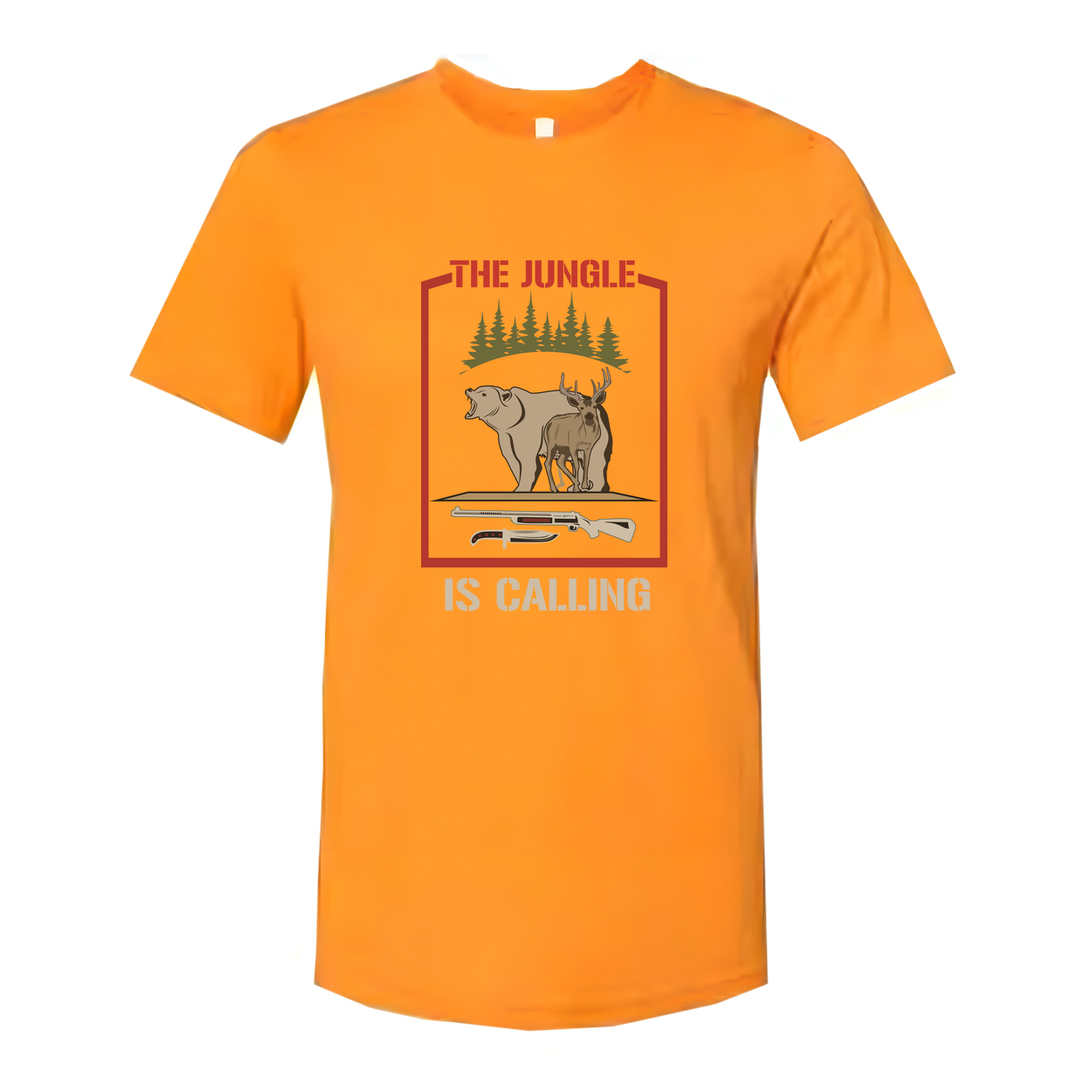 Unisex Hunting T Shirt With Jungle Scene And Forest Border Bear And Deer Illustration