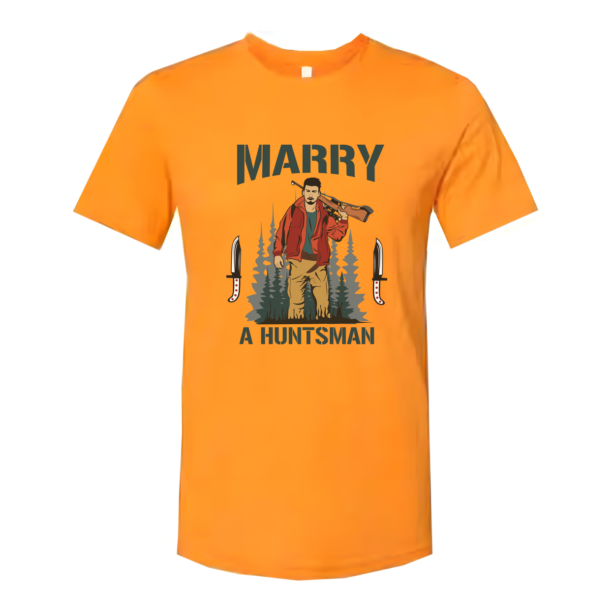 Marry A Huntsman Graphic Tee Unisex Hunting Themed Shirt With Forest Backdrop And Knife Motifs