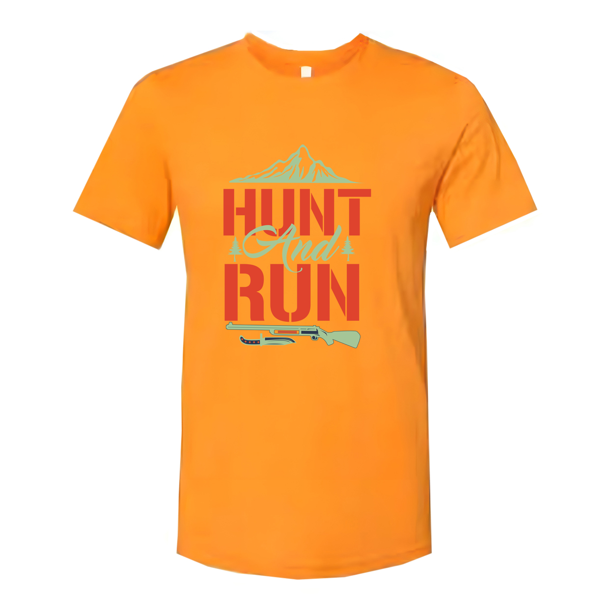 Hunt And Run Graphic Tee Featuring Mountain Landscape And Rifle Silhouette For Hunters