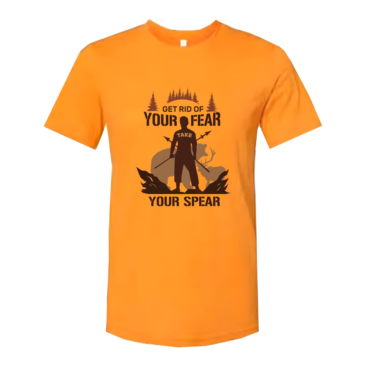 Hunting Graphic Tee With Silhouette Hunter Holding Spear In Forest Scene Artwork