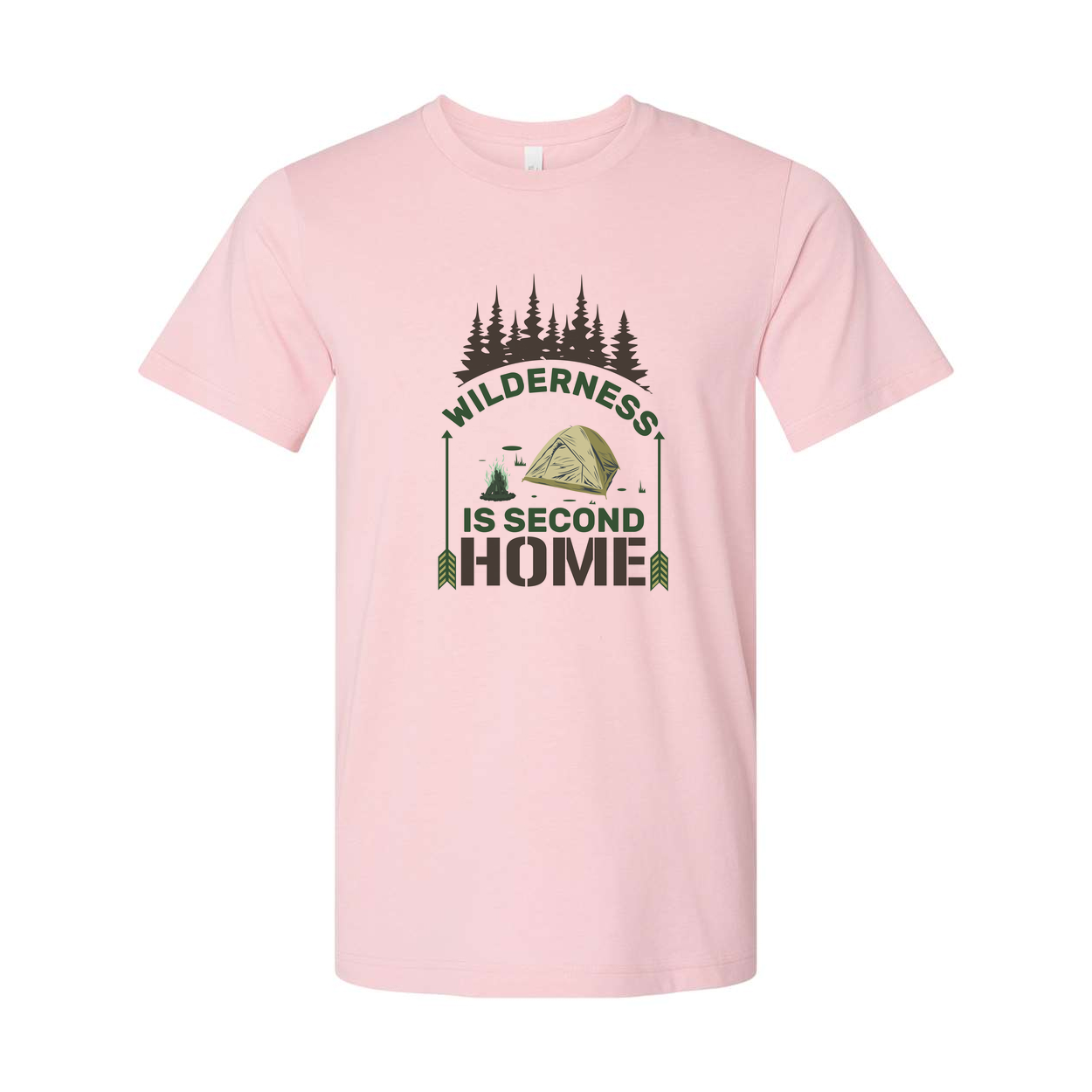 Wilderness Is Second Home Camping Graphic T Shirt With Tent And Forest Scene For Outdoor Enthusiasts