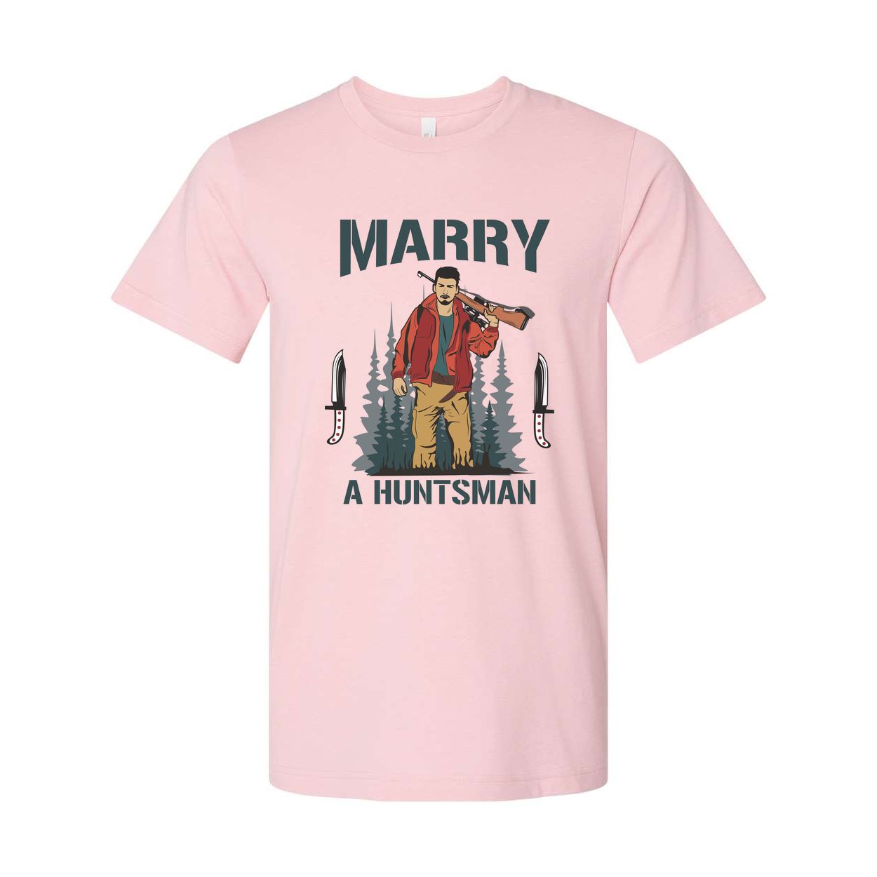 Marry A Huntsman Graphic Tee Unisex Hunting Themed Shirt With Forest Backdrop And Knife Motifs