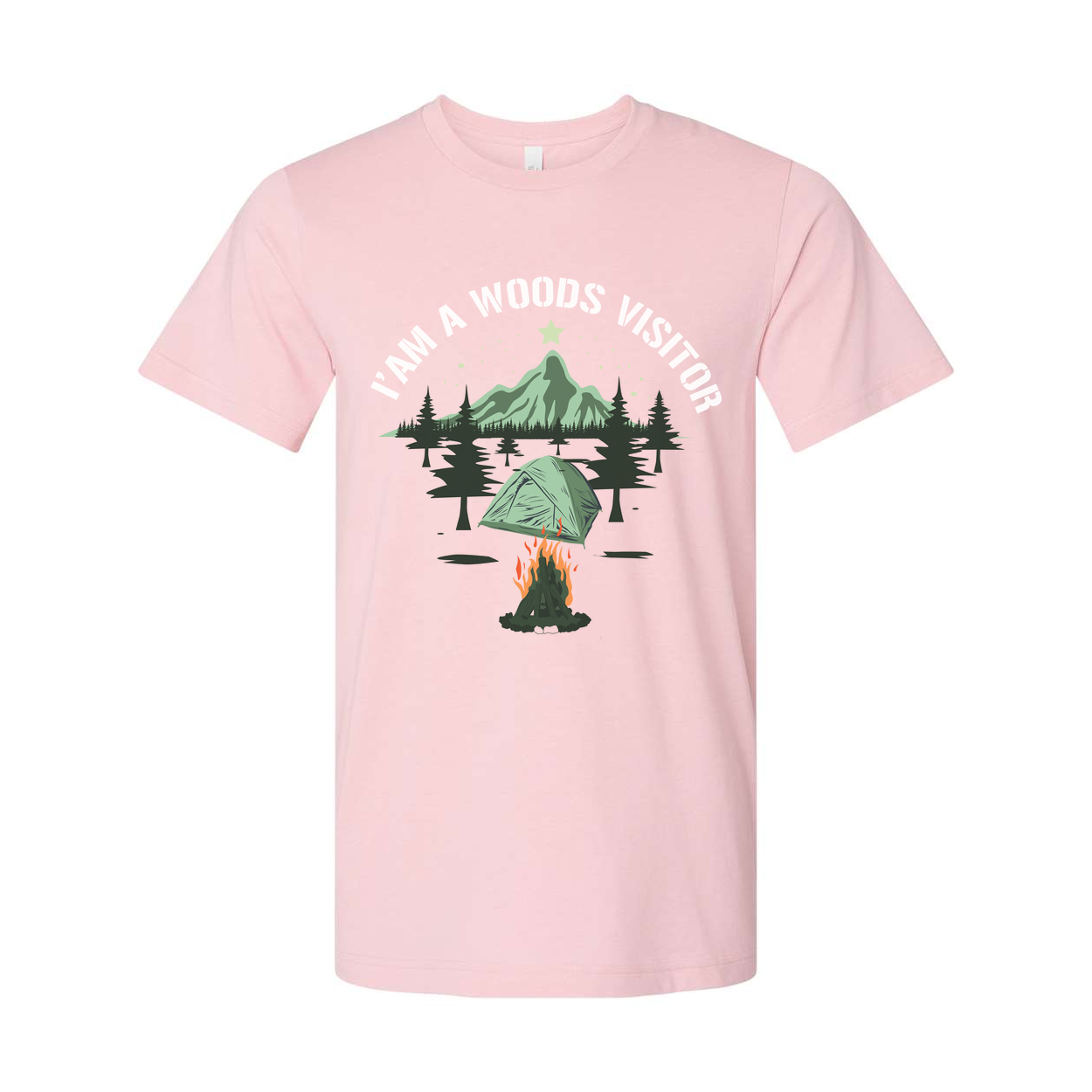 I Am A Woods Visitor Camping Tee With Tent Campfire And Mountain Forest Scenic Artwork