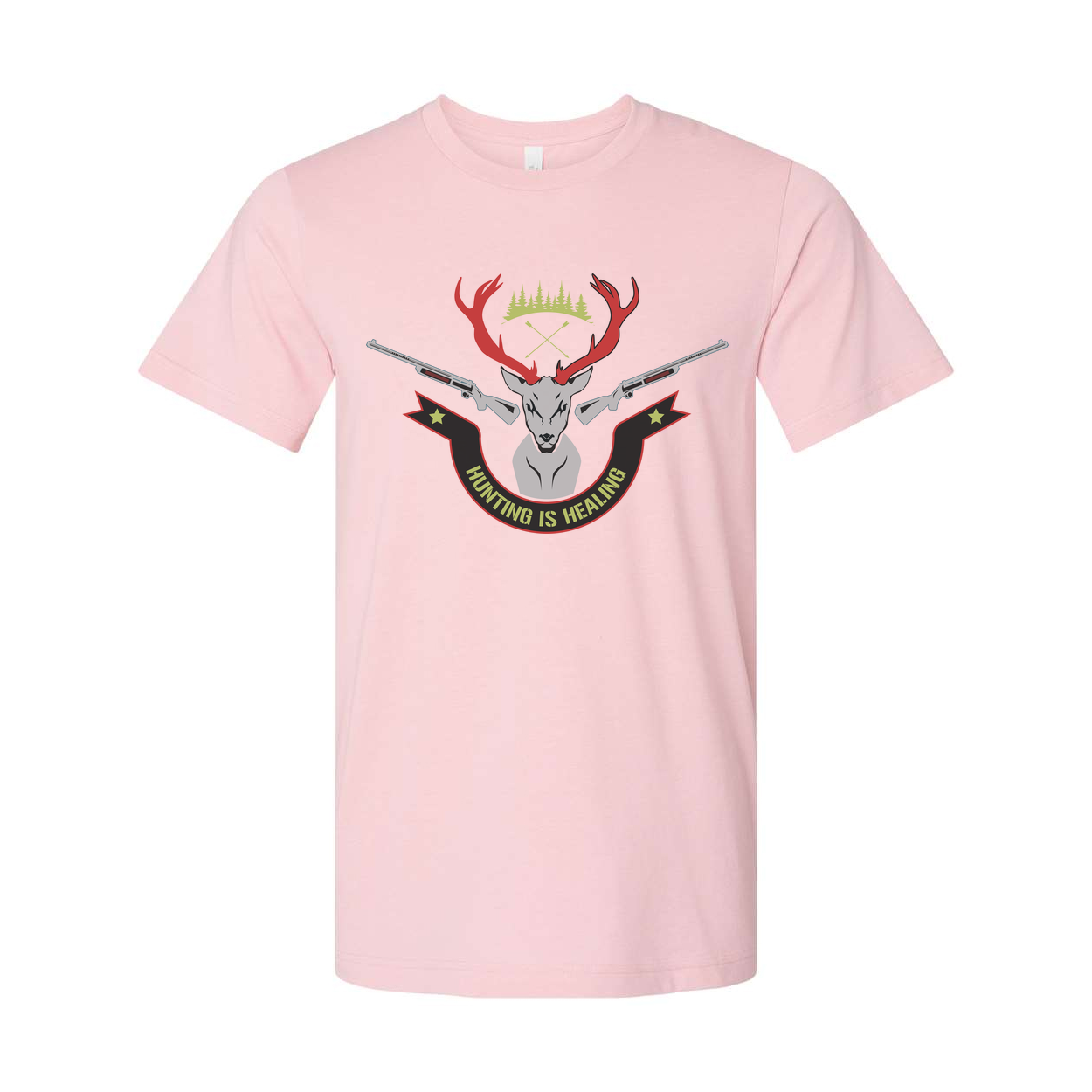 Unisex Hunting Graphic Tee With Deer Crest And Crossed Rifles Reading Hunting Is Healing