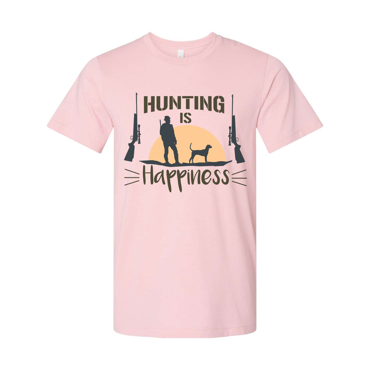Hunting Is Happiness Unisex Graphic Tee With Hunter Silhouette, Dog, And Sunset Design