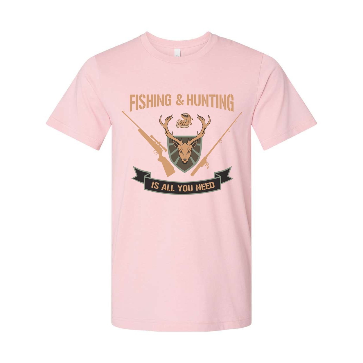 Fishing And Hunting Graphic Tee With Deer Crest Shield And Crossed Rifles For Outdoors Enthusiasts