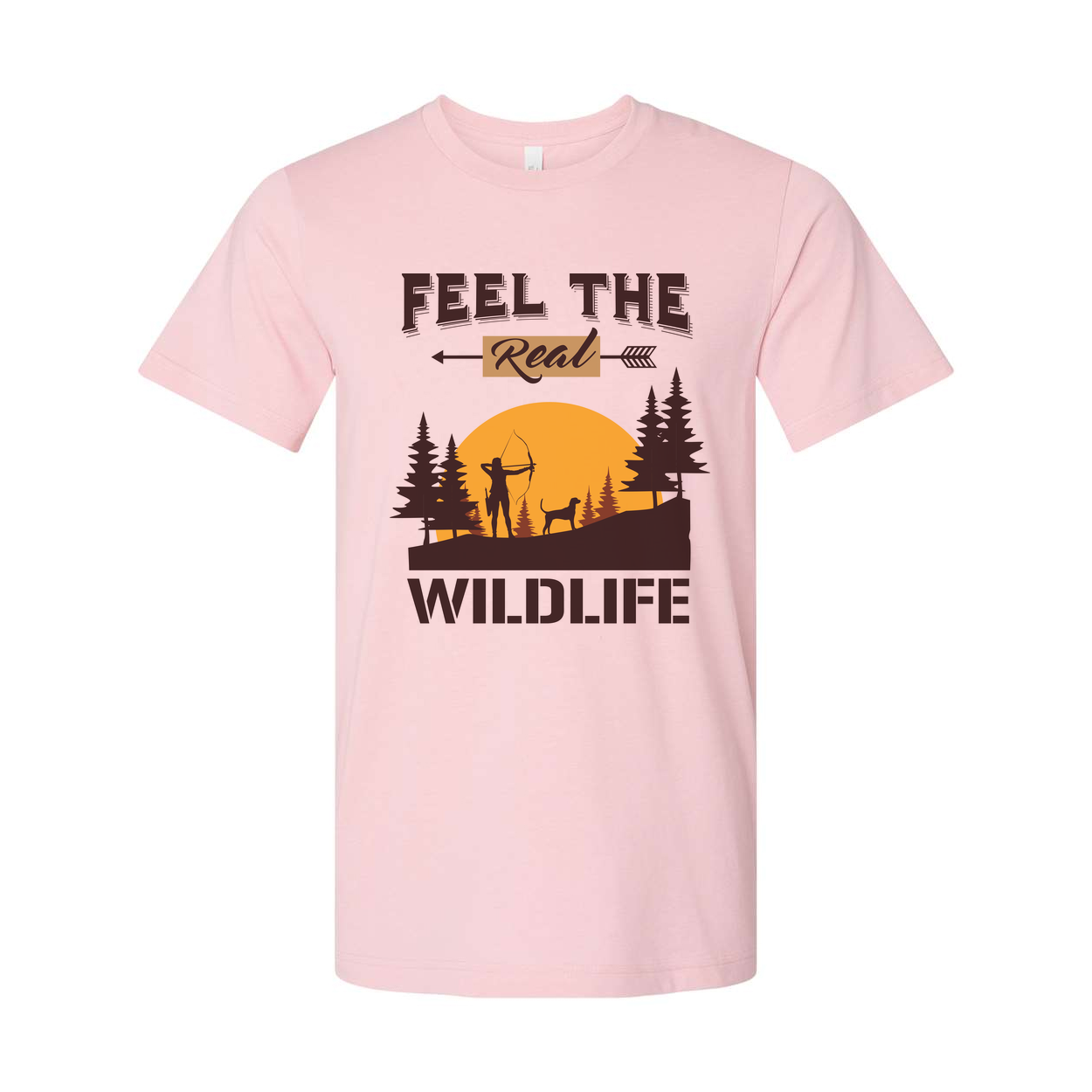 Feel The Real Wildlife Hunting Graphic Tee Unisex Sunset Archer Silhouette With Dog
