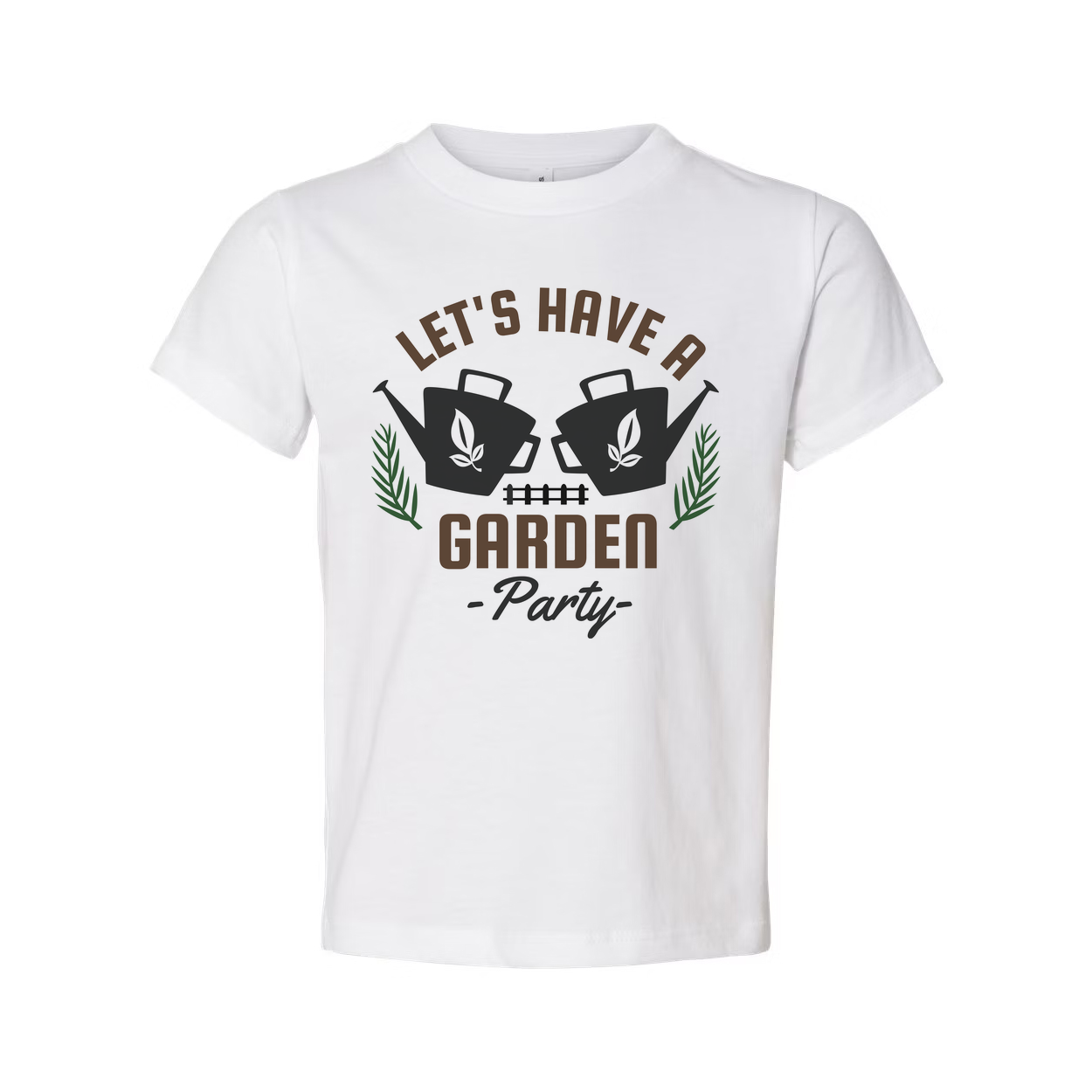 Gardening Themed Unisex T Shirt With Garden Party Graphic Featuring Watering Cans And Leaves