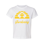 Unisex Gardening Graphic T Shirt With Yellow Sunburst Stripes And Clasped Hands Icon And Gardening Script
