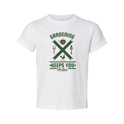 Gardening Keeps You Active Graphic T Shirt For Unisex Wear Featuring Green Crossed Tools Design