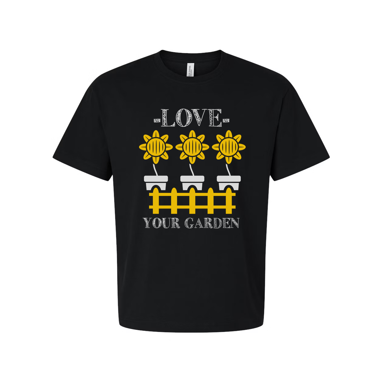 Sunflower Garden Tee With Potted Flowers And Fence Design