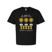 Sunflower Garden Tee With Potted Flowers And Fence Design