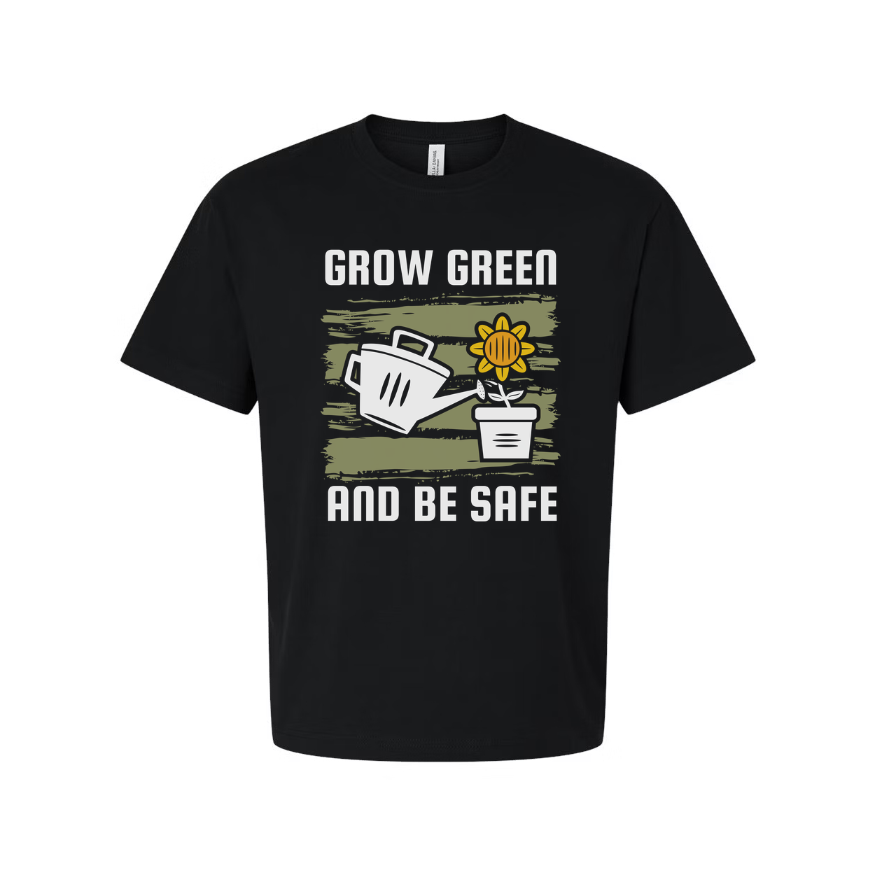 Unisex Gardening T Shirt With Grow Green And Be Safe Design Featuring Watering Can And Sunflower