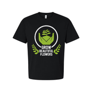 Unisex Gardening T Shirt With Cradling Hands Plant Emblem And Grow Beautiful Flowers Graphic
