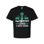 Everyone Loves A Great Garden Graphic T Shirt With Tractors And Mint Green Sunflower Pot Design