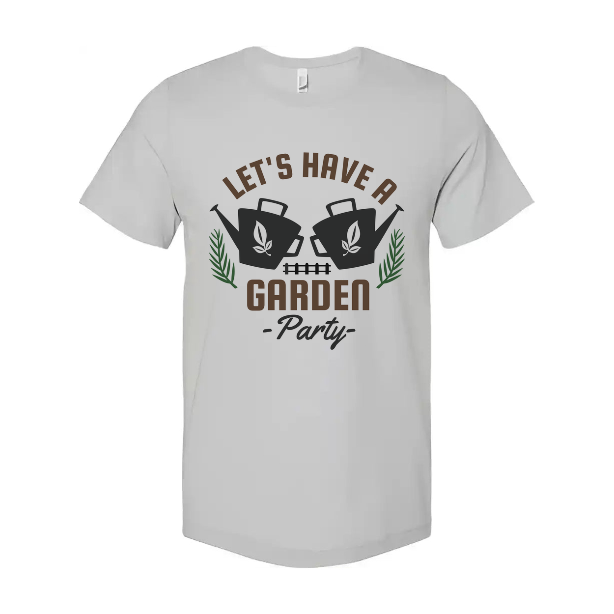 Gardening Themed Unisex T Shirt With Garden Party Graphic Featuring Watering Cans And Leaves