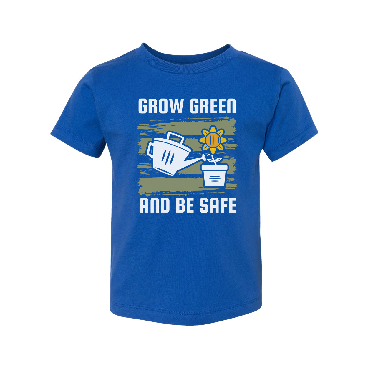 Unisex Gardening T Shirt With Grow Green And Be Safe Design Featuring Watering Can And Sunflower