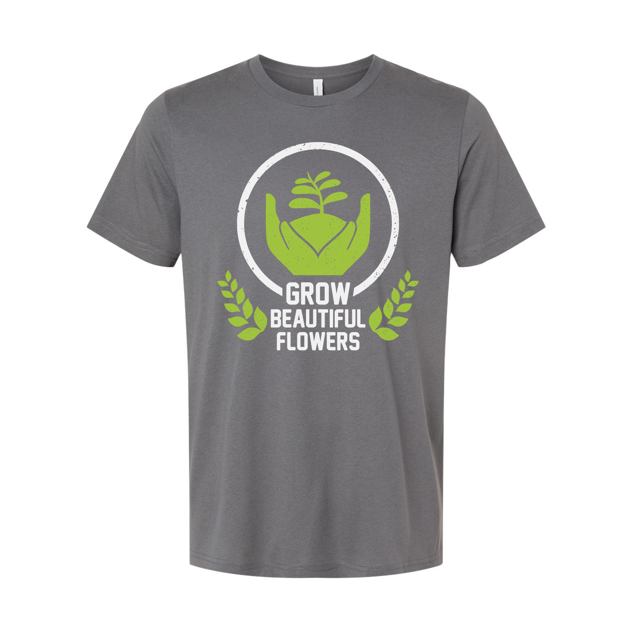 Unisex Gardening T Shirt With Cradling Hands Plant Emblem And Grow Beautiful Flowers Graphic