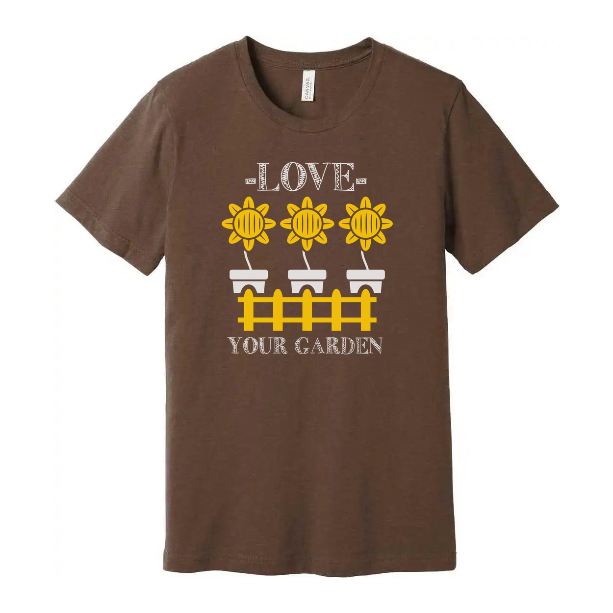 Sunflower Garden Tee With Potted Flowers And Fence Design