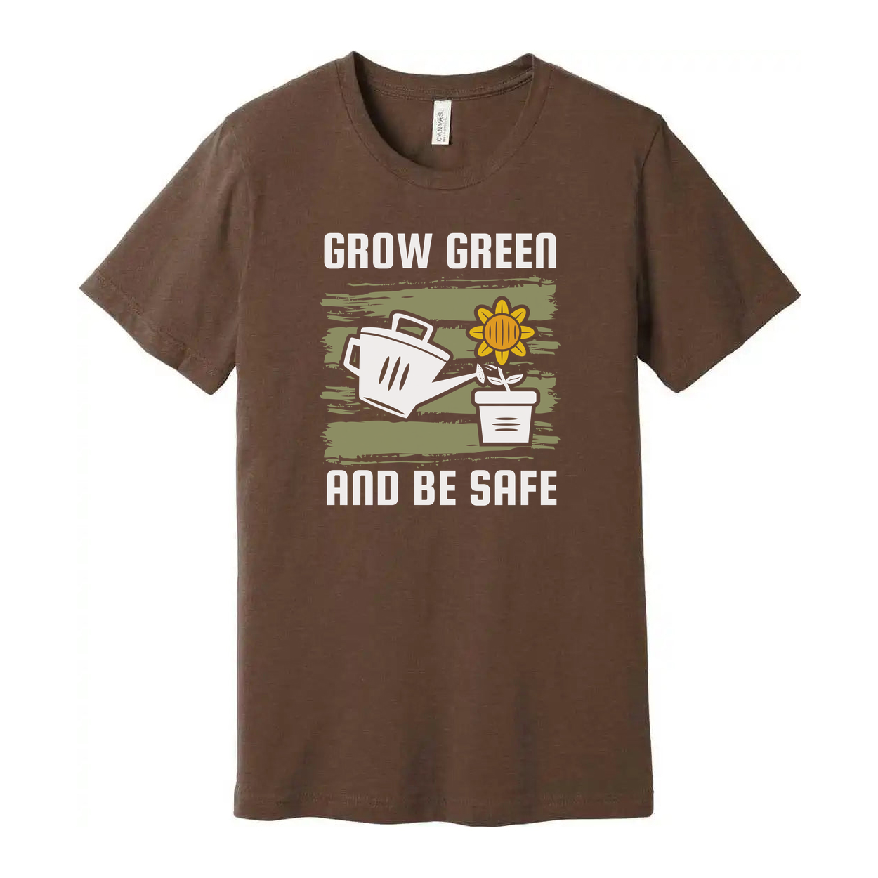 Unisex Gardening T Shirt With Grow Green And Be Safe Design Featuring Watering Can And Sunflower