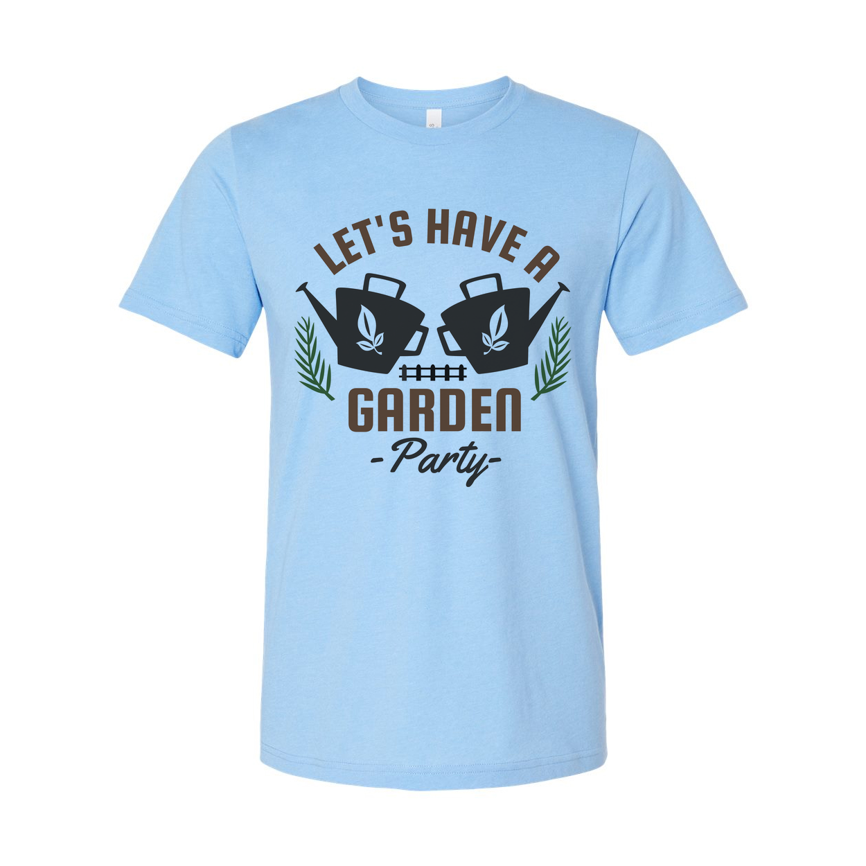 Gardening Themed Unisex T Shirt With Garden Party Graphic Featuring Watering Cans And Leaves