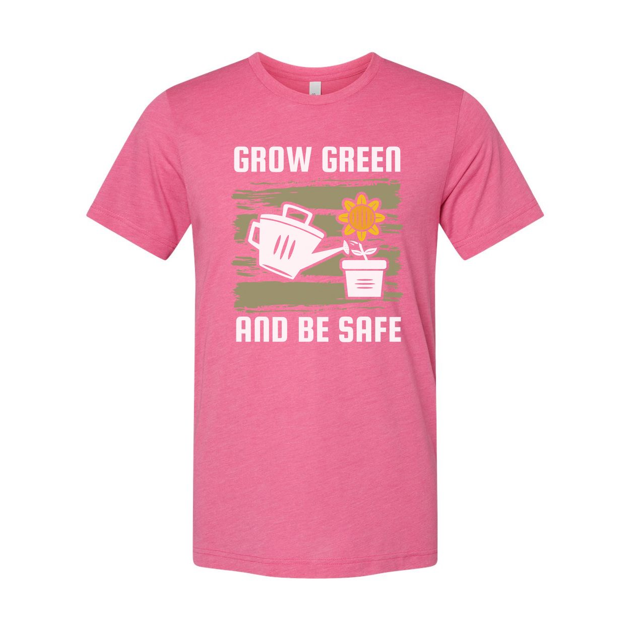 Unisex Gardening T Shirt With Grow Green And Be Safe Design Featuring Watering Can And Sunflower