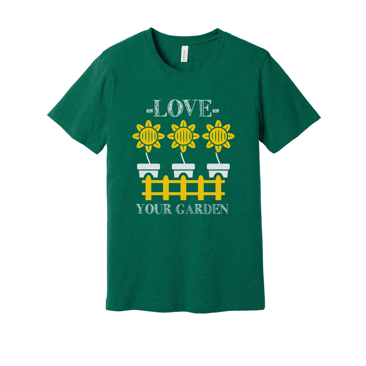 Sunflower Garden Tee With Potted Flowers And Fence Design