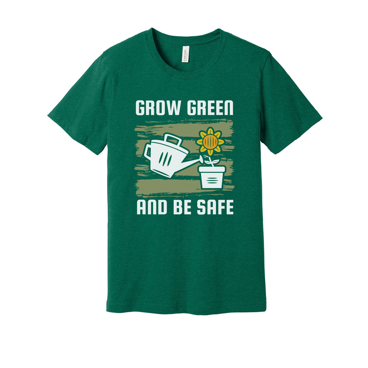 Unisex Gardening T Shirt With Grow Green And Be Safe Design Featuring Watering Can And Sunflower