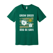Unisex Gardening T Shirt With Grow Green And Be Safe Design Featuring Watering Can And Sunflower