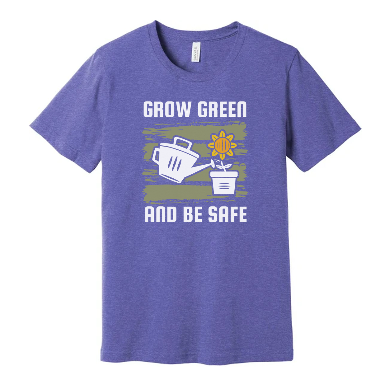 Unisex Gardening T Shirt With Grow Green And Be Safe Design Featuring Watering Can And Sunflower