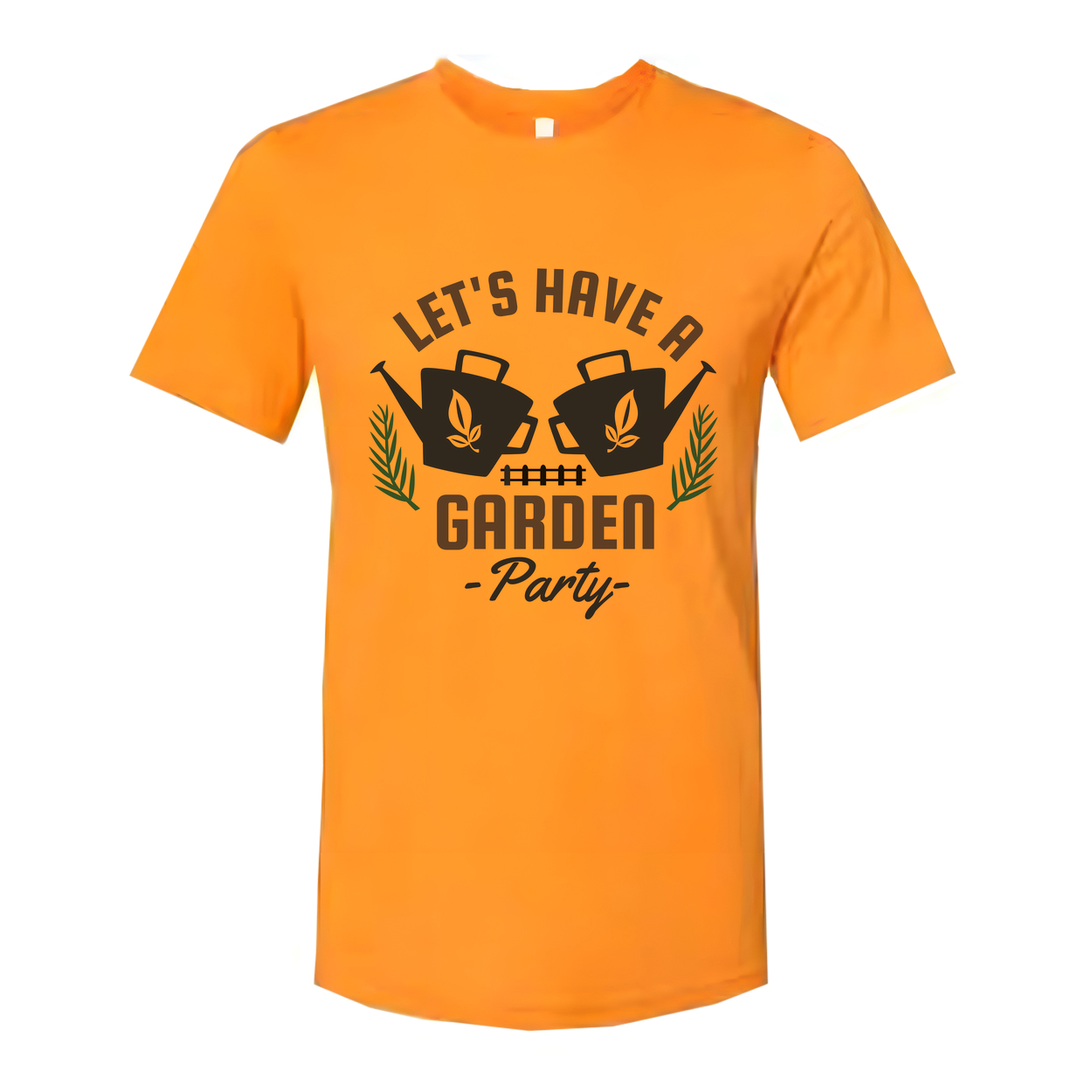 Gardening Themed Unisex T Shirt With Garden Party Graphic Featuring Watering Cans And Leaves