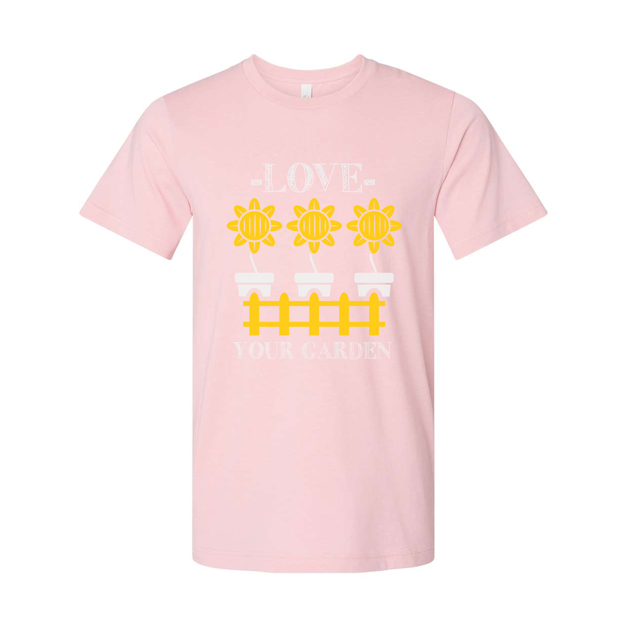 Sunflower Garden Tee With Potted Flowers And Fence Design