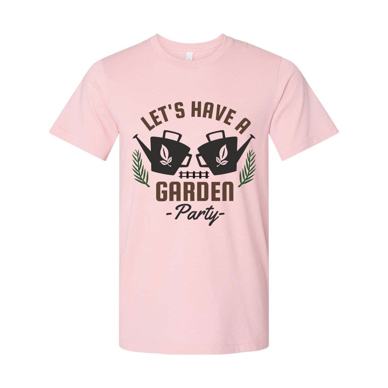 Gardening Themed Unisex T Shirt With Garden Party Graphic Featuring Watering Cans And Leaves