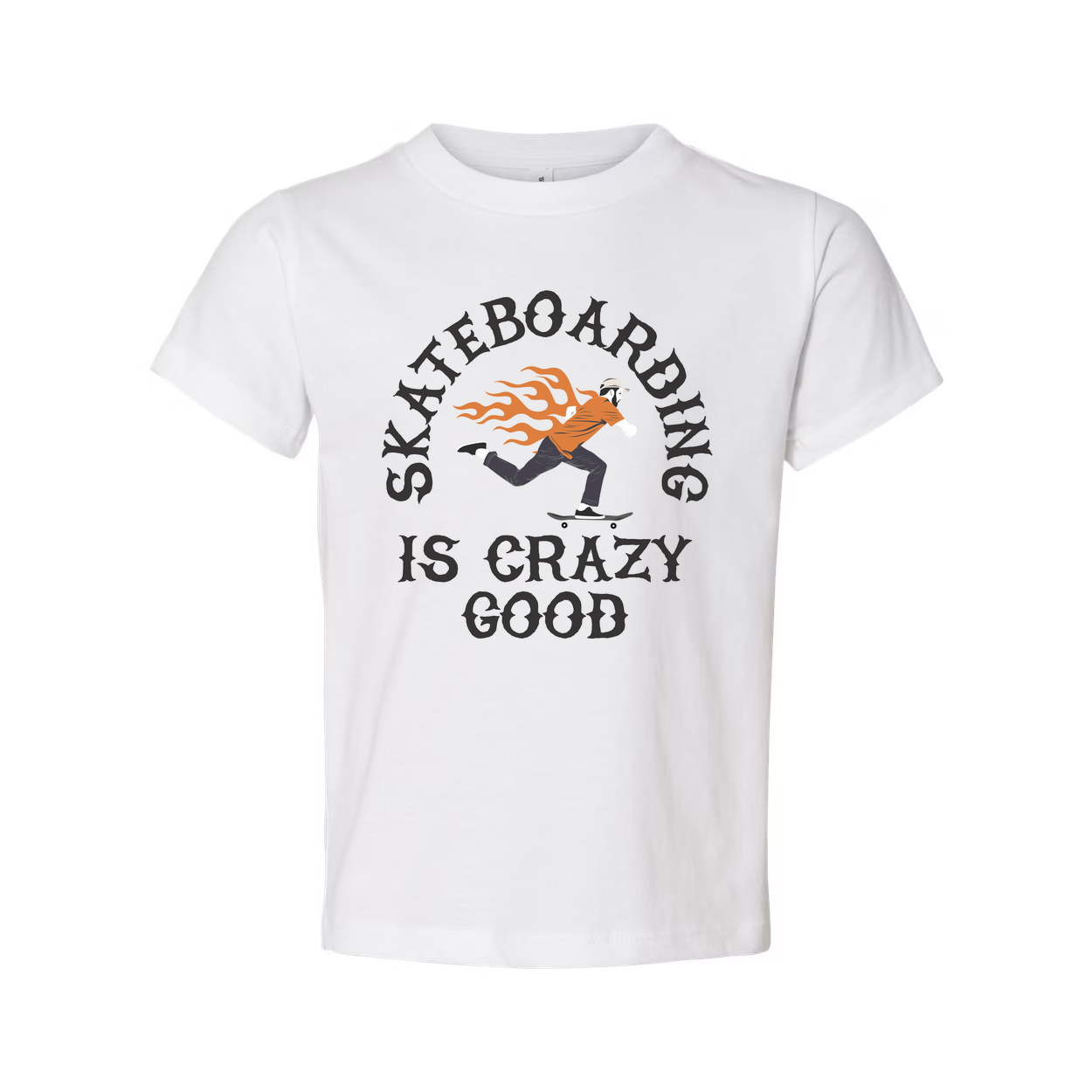 Unisex Skateboarding Graphic T Shirt With Flaming Skater Illustration And Is Crazy Good Text