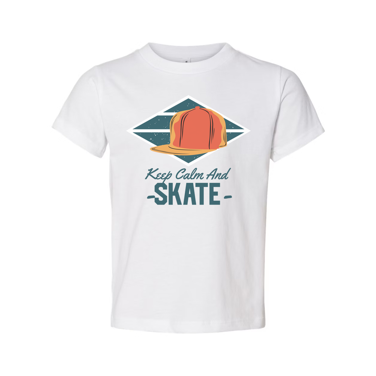 Keep Calm And Skate Graphic Tee With Orange Cap Inside Teal Diamond Frame For Streetwear Style
