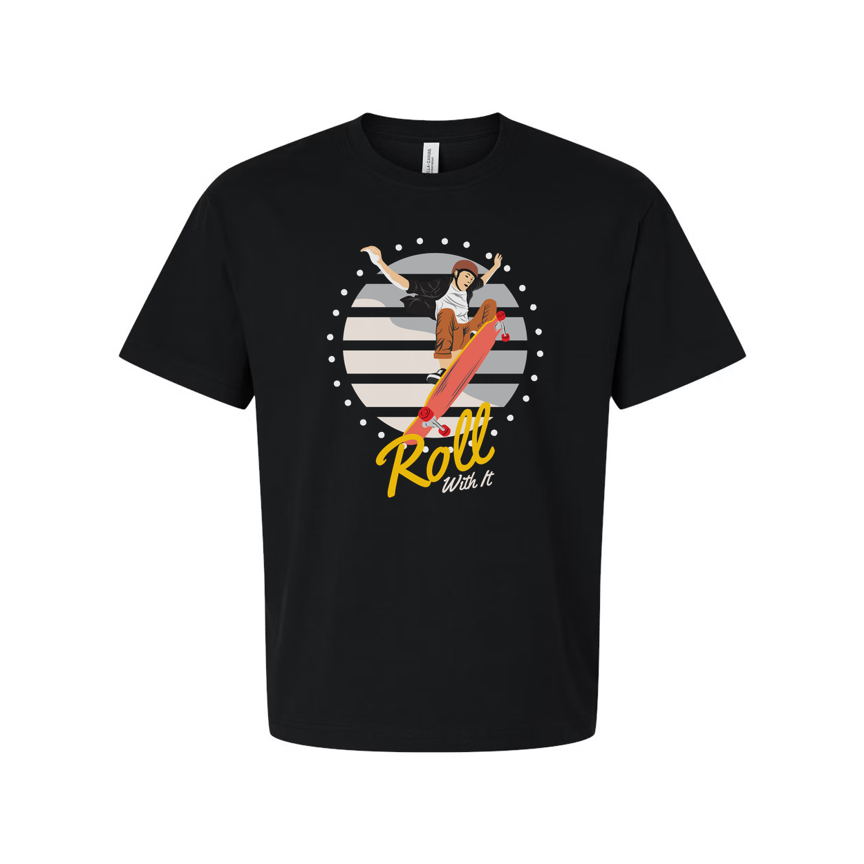 Unisex Skateboard Graphic T Shirt Featuring Skater Jump And Roll With It Artwork