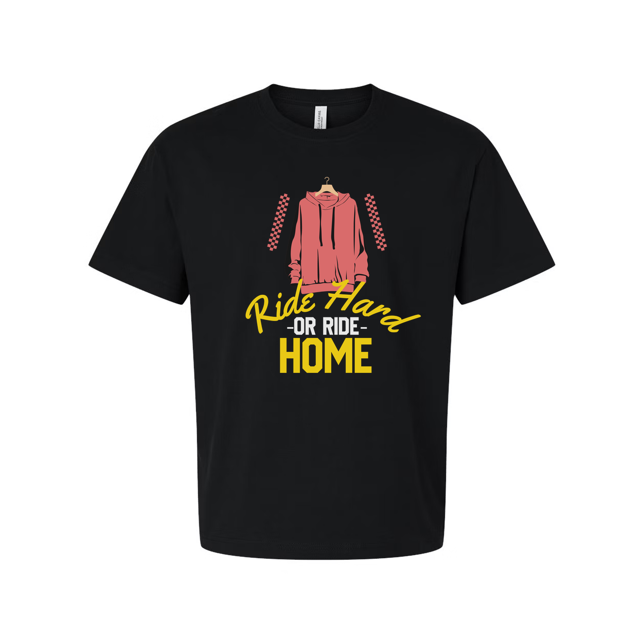 Unisex Skateboard Graphic Tee With Pink Hoodie Illustration And Ride Hard Or Ride Home Text