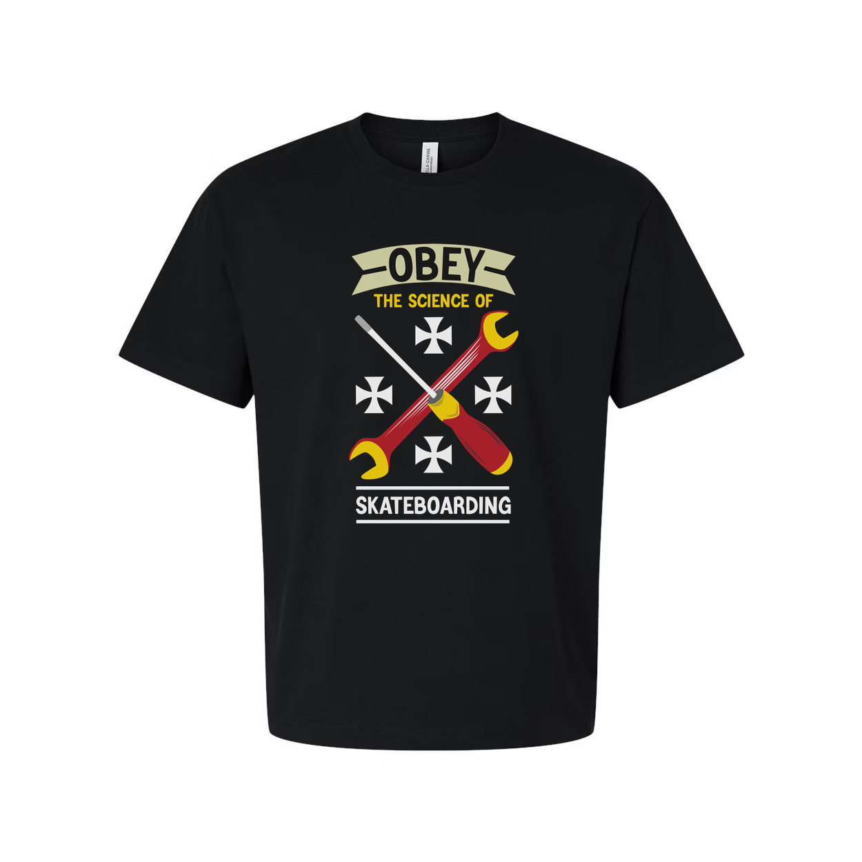 Obey The Science Of Skateboarding Graphic Tee With Wrench Icon Artwork For Unisex Wear