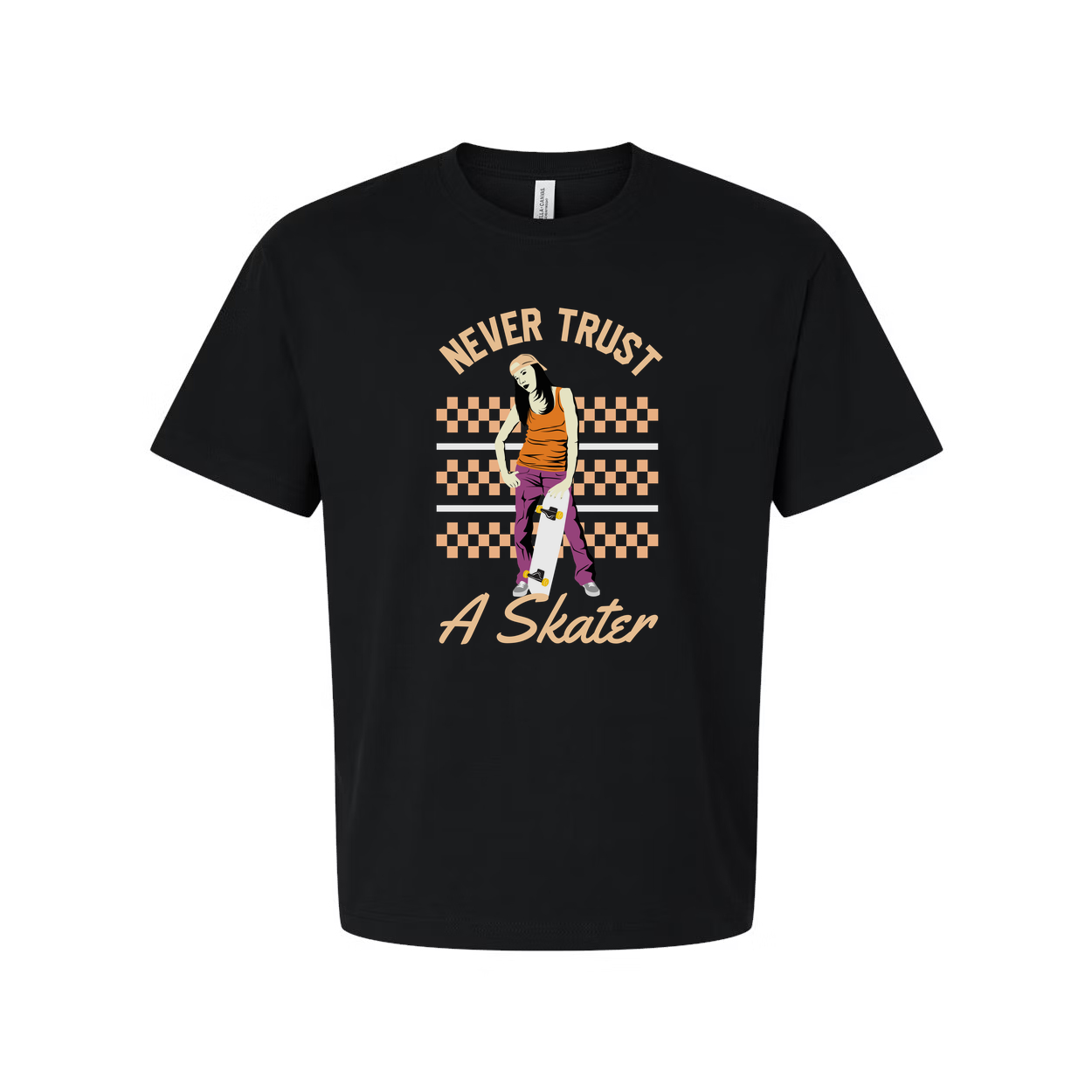 Never Trust A Skater Graphic Tee Featuring Female Skateboarder In Orange Pants And Checkerboard Background