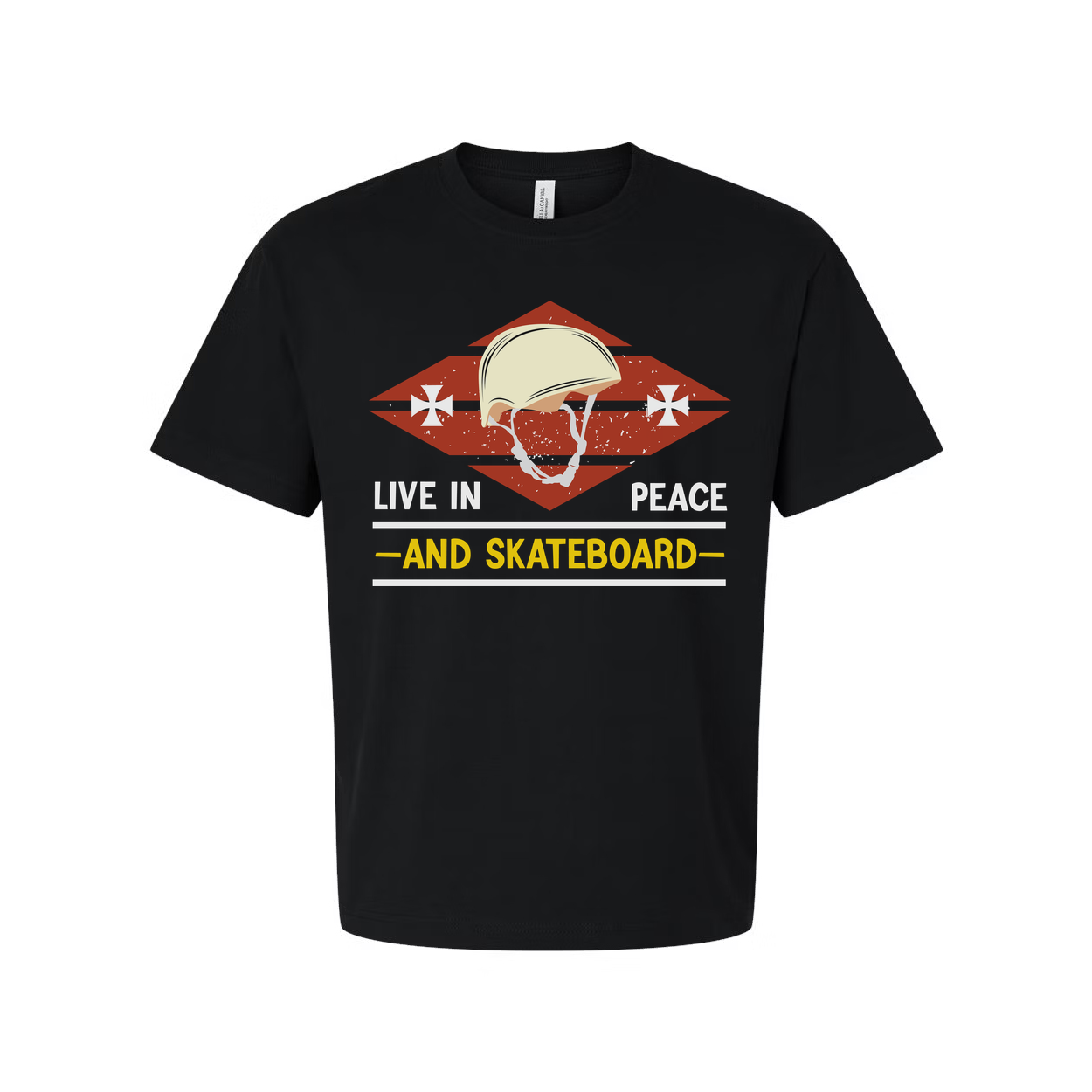 Unisex Skateboard T Shirt With Vintage Helmet Graphic And Live In Peace And Skateboard Message