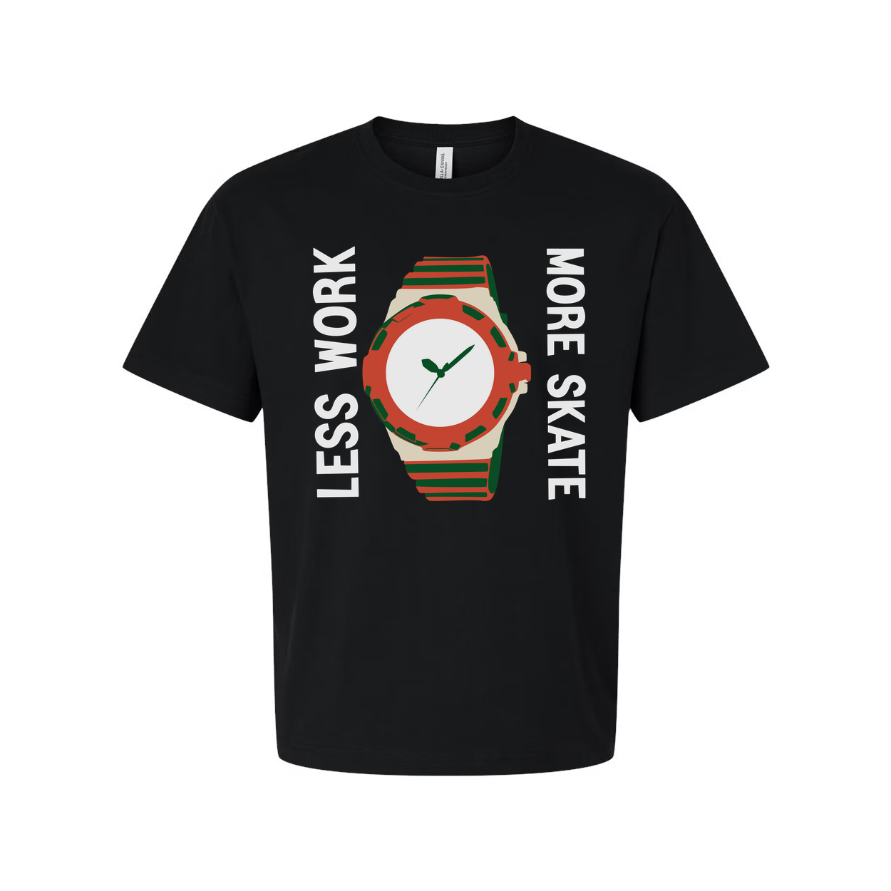 Unisex Skateboard Graphic T Shirt With Colorful Watch Illustration And Less Work More Skate Slogan